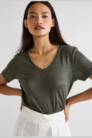 Monoprix T-shirt manches courtes col métallisé en lin