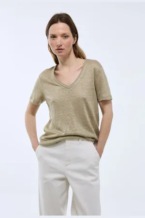 Monoprix T-shirt manches courtes col métallisé en lin