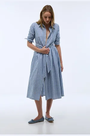 Monoprix Robe midi cintrée rayée en coton et lin