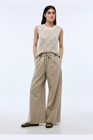 Monoprix Pantalon rayé taille élastiqué large en lin et coton