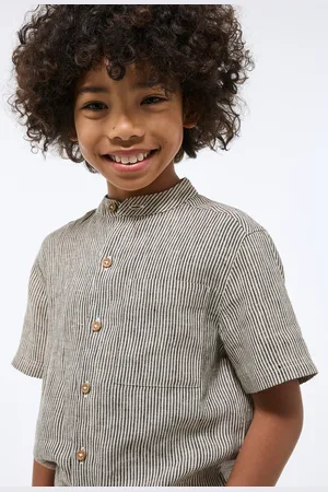 Monoprix Chemise col mao manches courtes rayée en 100% lin