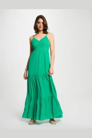 Morgan Robe longue fluide broderie vert émeraude femme
