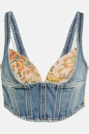 Alessandra Rich Top raccourci en jean à fleurs