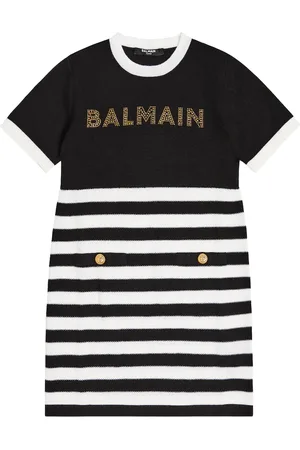 Balmain Robe rayée en laine mélangée à logo
