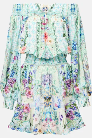 Camilla Robe imprimée en soie à encolure bardot