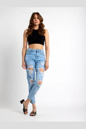 Jeans Mom taille haute destroy avec coeur en strass