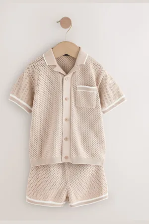 Next Textured Revere Collar Knitted Polo Shirt and Shorts Set (3mths-10yrs)9298cm