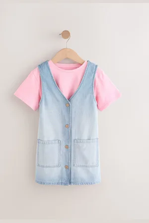 Next Denim Pinafore 100% Cotton Dress and T-Shirt Set (3-16yrs)166168cm
