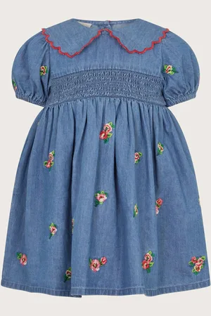 Monsoon Baby Floral Print Embroidered Chambray 100% Cotton Dress2 - 3 ans (92 - 98cm)