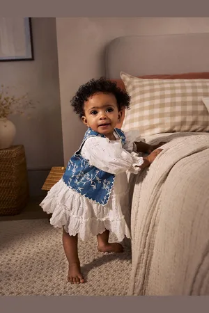 Next 100% Cotton Woven Baby Broderie Dress And Denim Waistcoat Set (0mths-2yrs)56cm