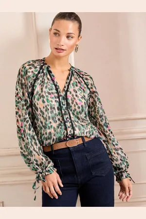 Love & Roses Printed Notch Neck Poet Sleeve Tie Cuff Blouse40