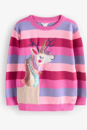 J.Crew Company Stripe Reindeer-Icorn Embellished Pink Jumper10 - 11 ans (140 - 146cm)
