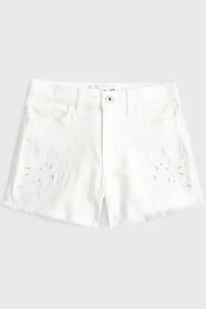 Abercrombie & Fitch Cream High Rise Relaxed Denim Shorts With Floral Print Cut Out Detail17années