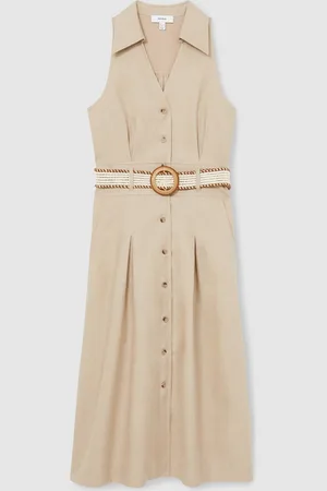 Reiss Annie Linen Belted Sleeveless 100% Linen Midi Dress42