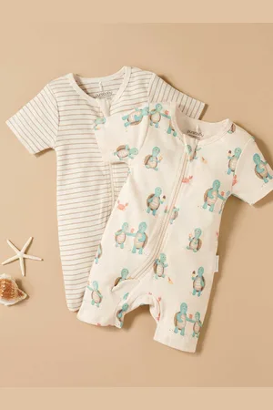 Purebaby Turtle Print Short Sleeve 100% Cotton Sleepsuits 2 Pack8086cm