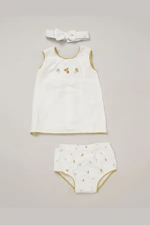 Rock-a-bye Baby Boutique Printed 100% Cotton White Dress, Knickers and Headband Outfit Set7480cm