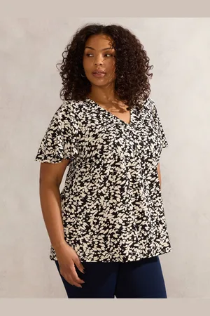 Live Unlimited London Floral Print Jersey Pleat Front Top56