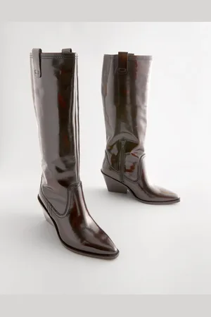 Next Premium Leather Knee High Heeled Western Bottes