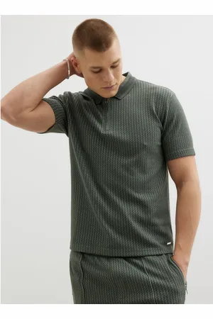 River Island Slim Fit Jacquard Zip Polo ShirtGrand