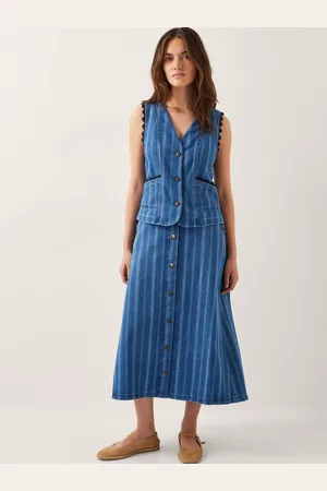 Monsoon Ottilie Stripe Denim 100% Cotton Midi SkirtTrès grand