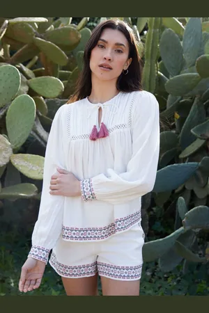 Threadbare Tie Neck Embroidered Long Sleeve 100% Cotton Blouse42