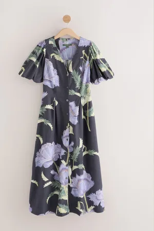 Next Peignoir mi-long boutonné à manches bouffantes avec lin