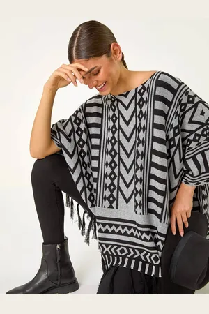 Roman Pattern Fringe Poncho PullL-XL