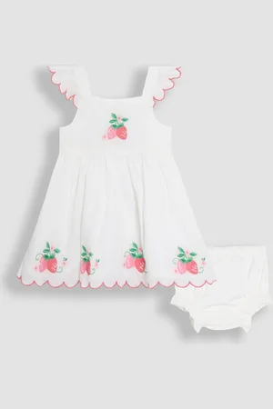 JoJo Maman Bébé Baby Strawberry Embroidered Scallop Sleeve 100% Cotton Dress8692cm