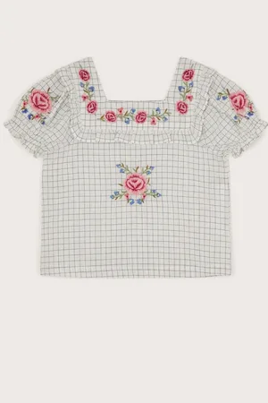 Monsoon Floral Print Embroidered Check 100% Cotton Blouse128134cm