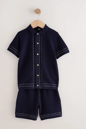 Next Textured Knitted Button Through 100% Cotton Polo Shirt and Shorts Set (3-16yrs)98104cm