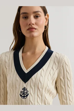 Ralph Lauren Meren V-Neck Cricket Logo Cable Knit 100% Cotton JumperM