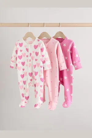 Next Baby Pink Heart Printed 100% Cotton Sleepsuit 3 Pack (0mths-2yrs) (0mths-2yrs)1.5 - 2 ans (86 - 92cm)