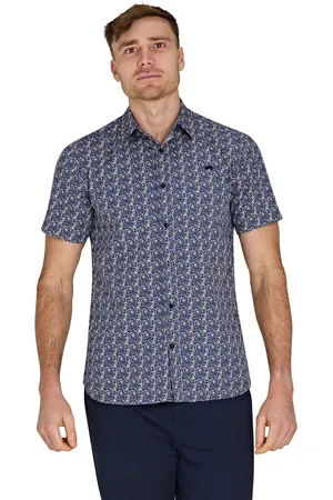 Raging Bull Blue Short Sleeve Tropical Palm 100% Cotton Poplin Shirt5X-Large