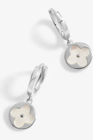 Simply Silver Sterling 925 Mother Of Pearl Round Clover Charm Huggie Earringsun
