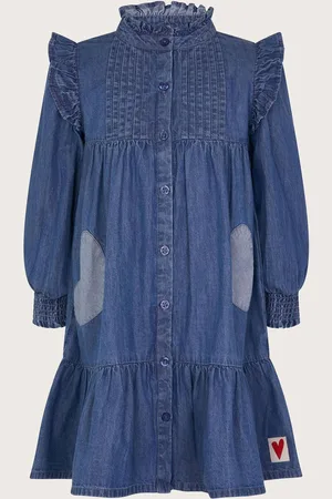 Monsoon Long Sleeve Ruffle Heart Denim 100% Cotton Dress116122cm