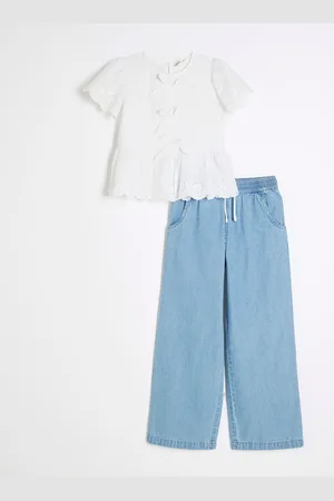River Island Girls 100% Cotton Broderie Blouse Trousers Set122128cm