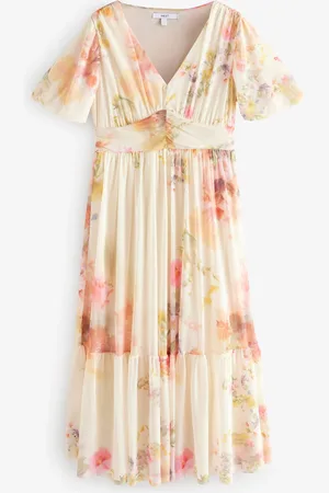 Next Mesh Plissé Manche bouffante Waist Detail Occasion Mi-long Robe42
