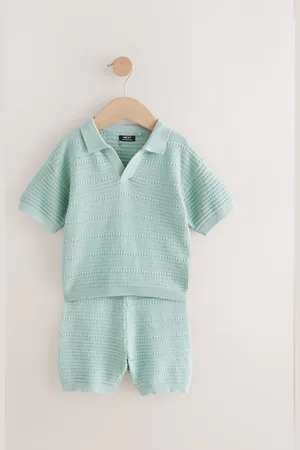 Next 100% Cotton Textured Trophy Neck Knitted Polo Shirt and Shorts Set (3mths-10yrs)98104cm
