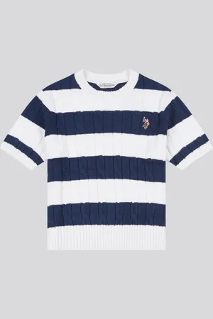 U.S. Polo Assn. U. S. Polo Assn Womens Stripe Loose Cable Knit Short Sleeve 100% Cotton Jumperxlarge