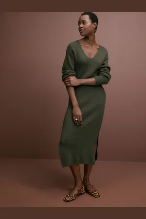 Next Long Sleeve V-Neck Midi Ribbed Knitted Jumper DressL Tall