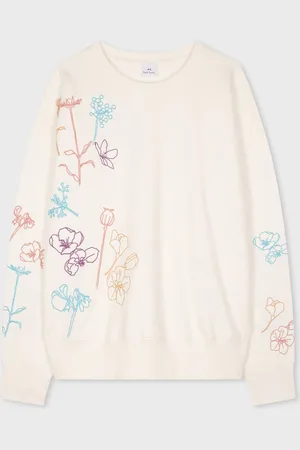 Paul Smith 100% Organic Cotton Flower Embroidery Jersey White Sweatshirtlarge