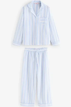 Boux Avenue Blue Woven 100% Cotton Stripe Long Pyjamas Set