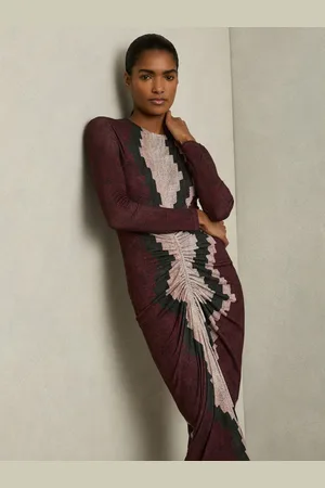 Reiss Robe mi-longue Georgia en jersey froncé imprimé32