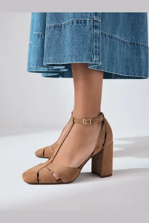 Next Forever Comfort Leather Round Toe Cut Out T-Bar Block Heel Shoeseu385