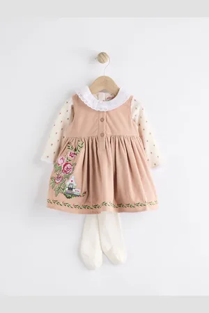 Next Cath Kidston Corduroy Pinafore 100% Cotton Dress with Tights50cm