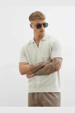 River Island Ecru Short Sleeve Pointelle Crochet 100% Cotton Shirtpetit