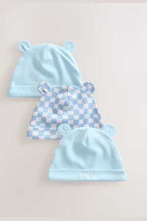 Next 100% Cotton Baby Bear Ear Beanie Hats 3 Pack (0-18mths)50cm