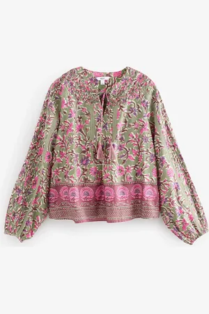 Next Long Sleeve Pintuck Tie Neck 100% Cotton Blouse48