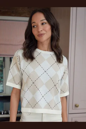 Threadbare 100% Cotton Argyle Short Sleeve Knitted T-Shirt36