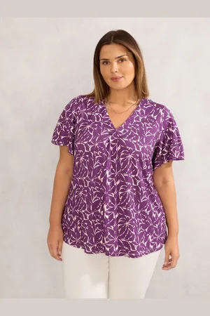 Live Unlimited London Curve Leaf Print Jersey Pleat Front Flutter Sleeve Top46